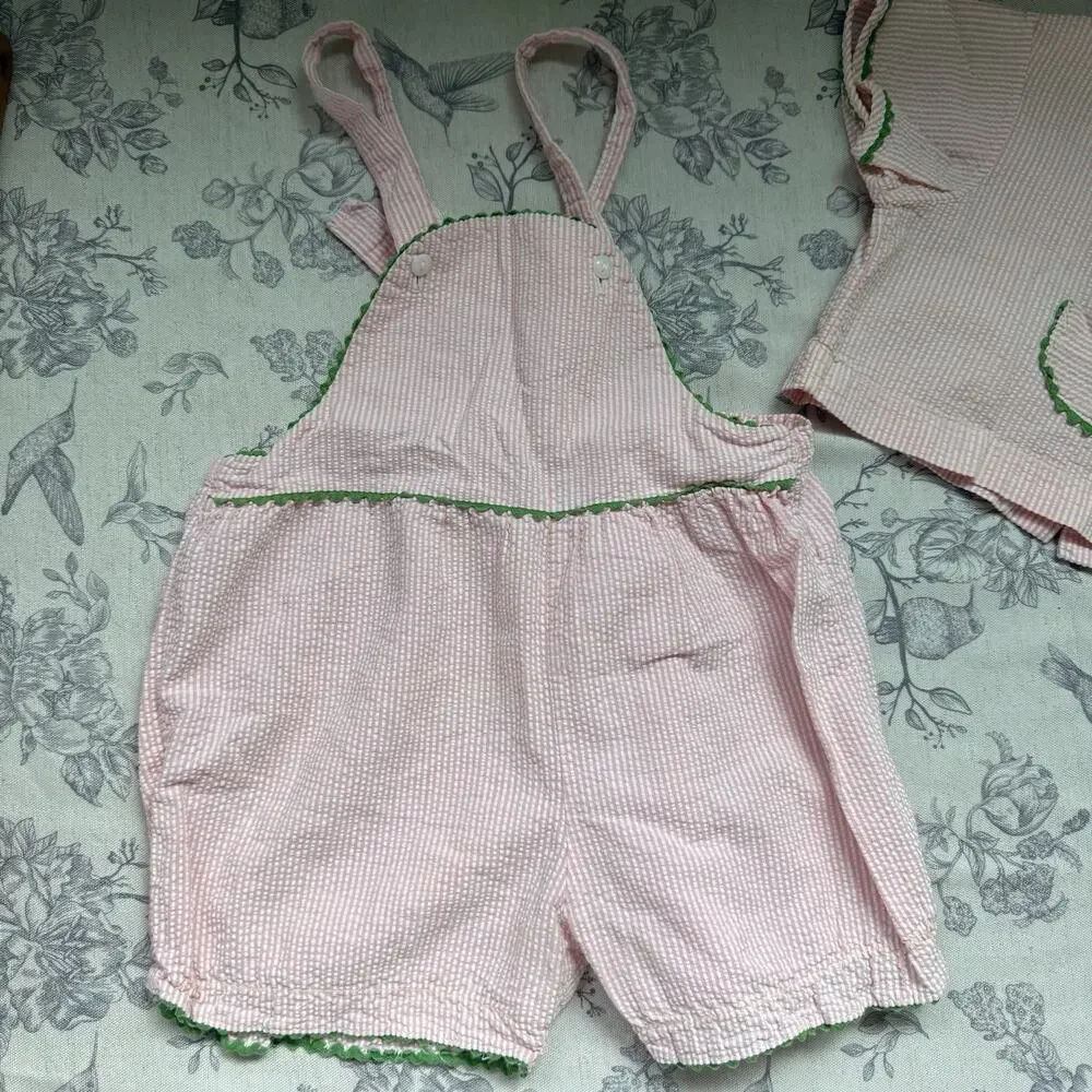 Vtg 90s Toddler Girl 3T Pink Green Gingham Seersucker Shortall Romper Shirt Set